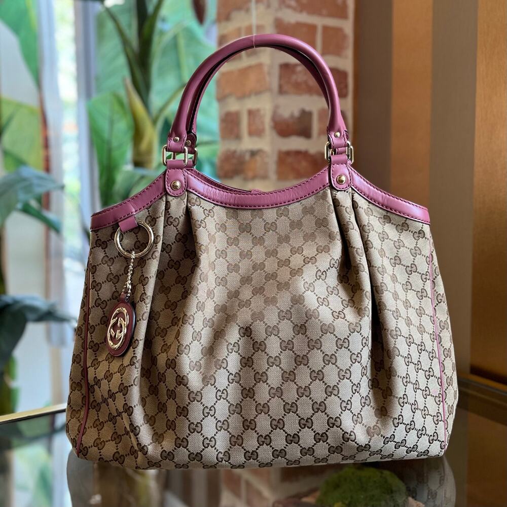 GUCCI Large Sukey Beige Pink GG Canvas Tote Bag